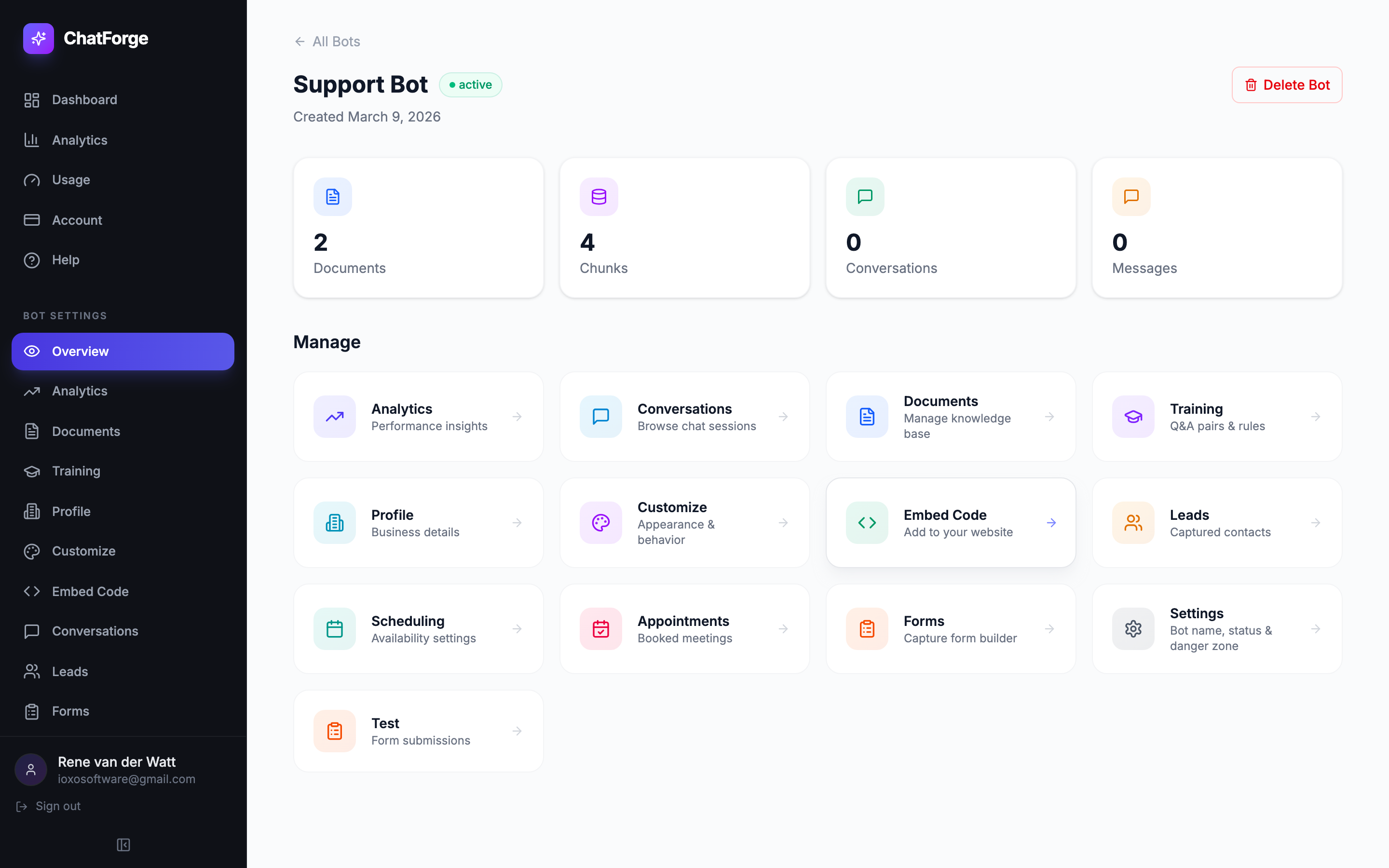ChatForge dashboard showing bot overview with documents, conversations, and management tools
