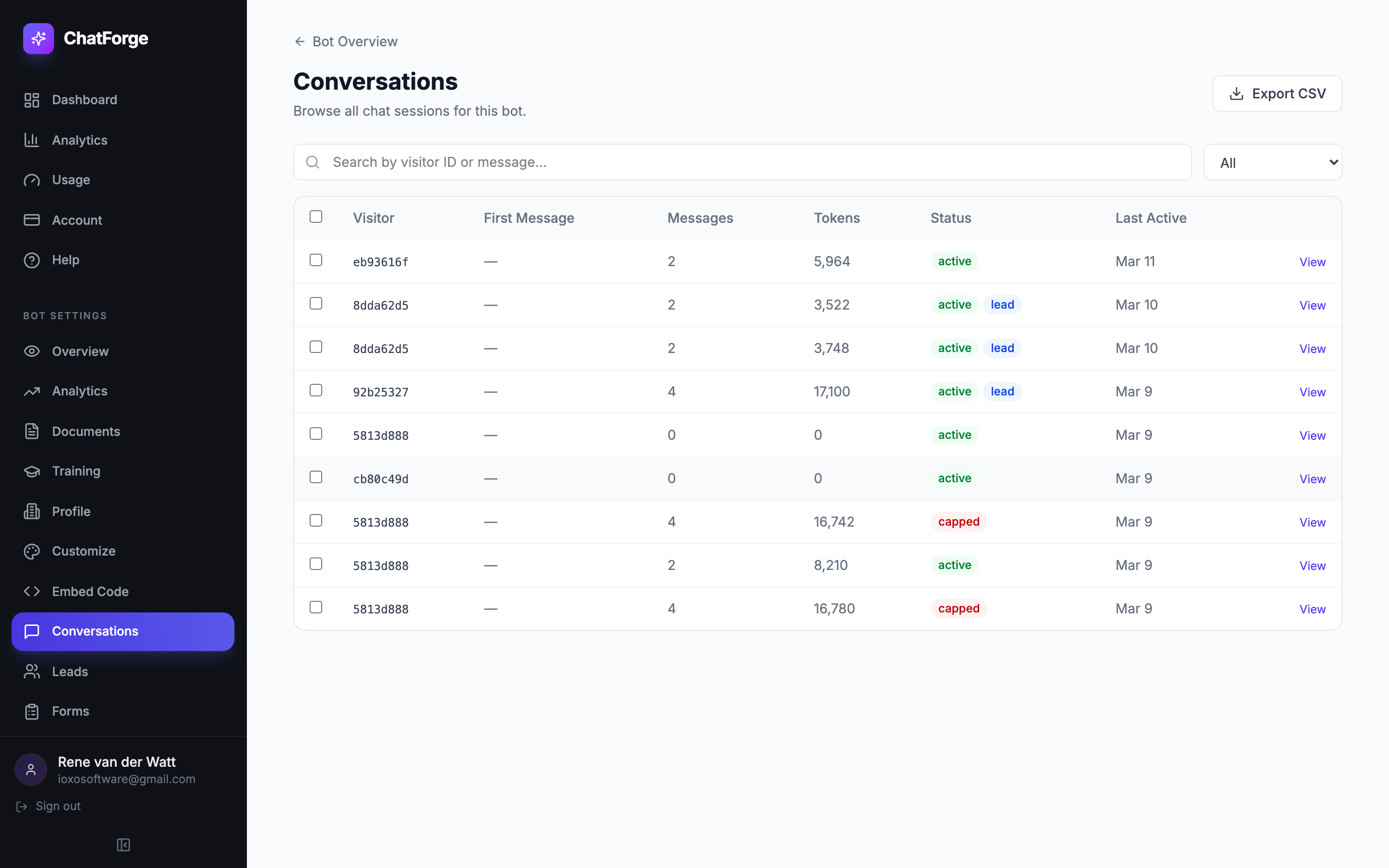 Browse all chat sessions with search, status filters, multi-select, and full transcript view