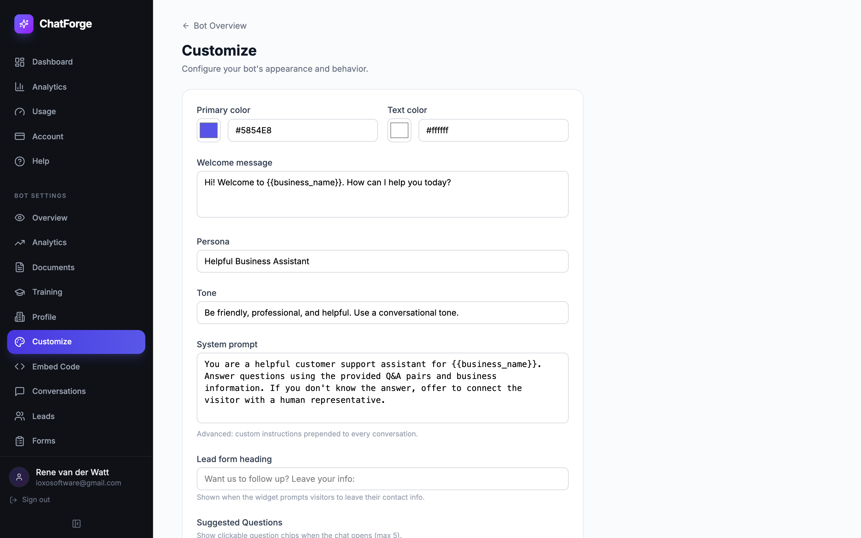 Set your bot's personality, tone, colors, and suggested questions