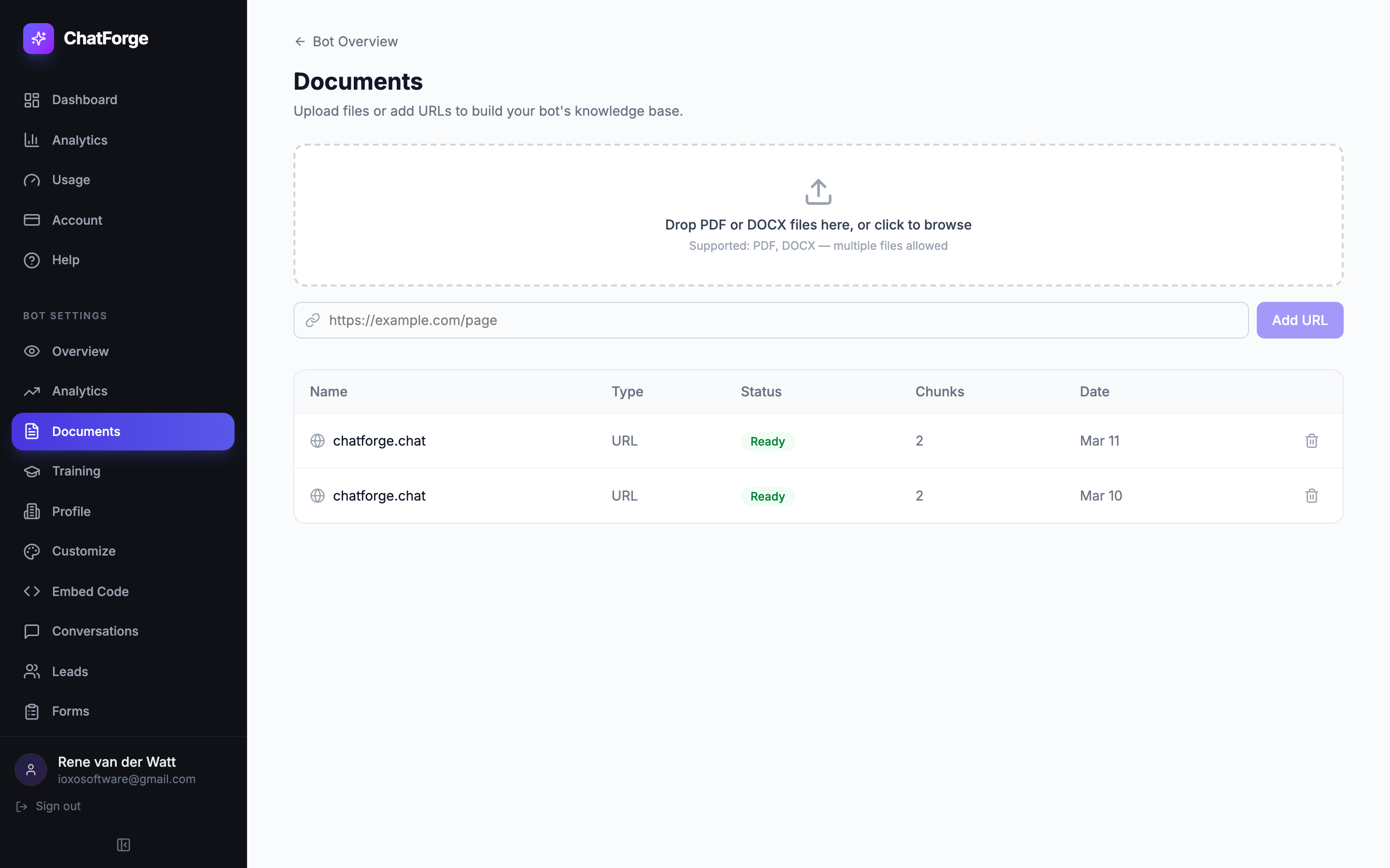 Upload PDFs, DOCX files, or add URLs — ChatForge indexes them for instant retrieval