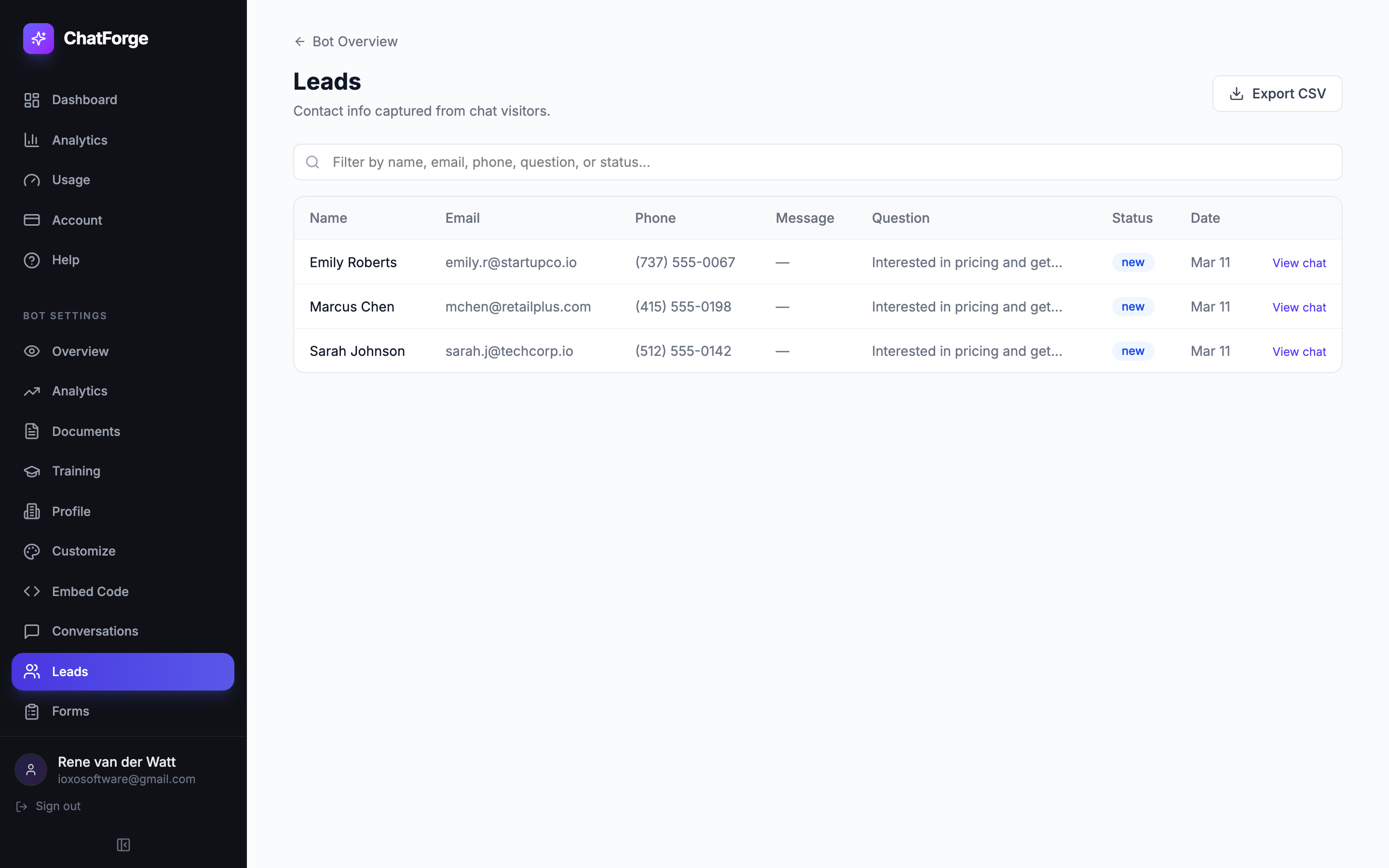 Visitor contacts captured automatically with the question that triggered the lead