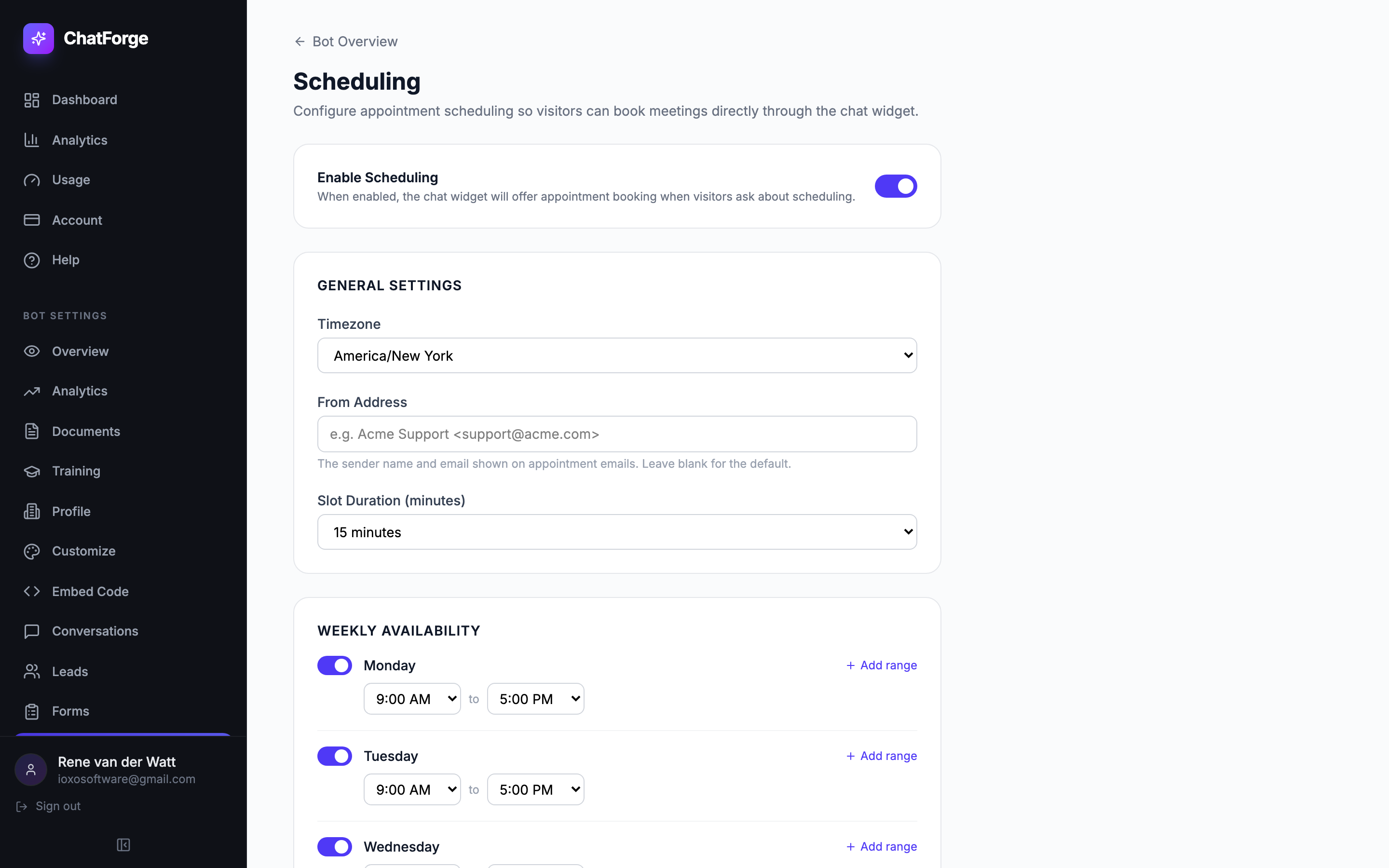 Configure timezone, slot duration, and weekly availability for in-chat appointment booking