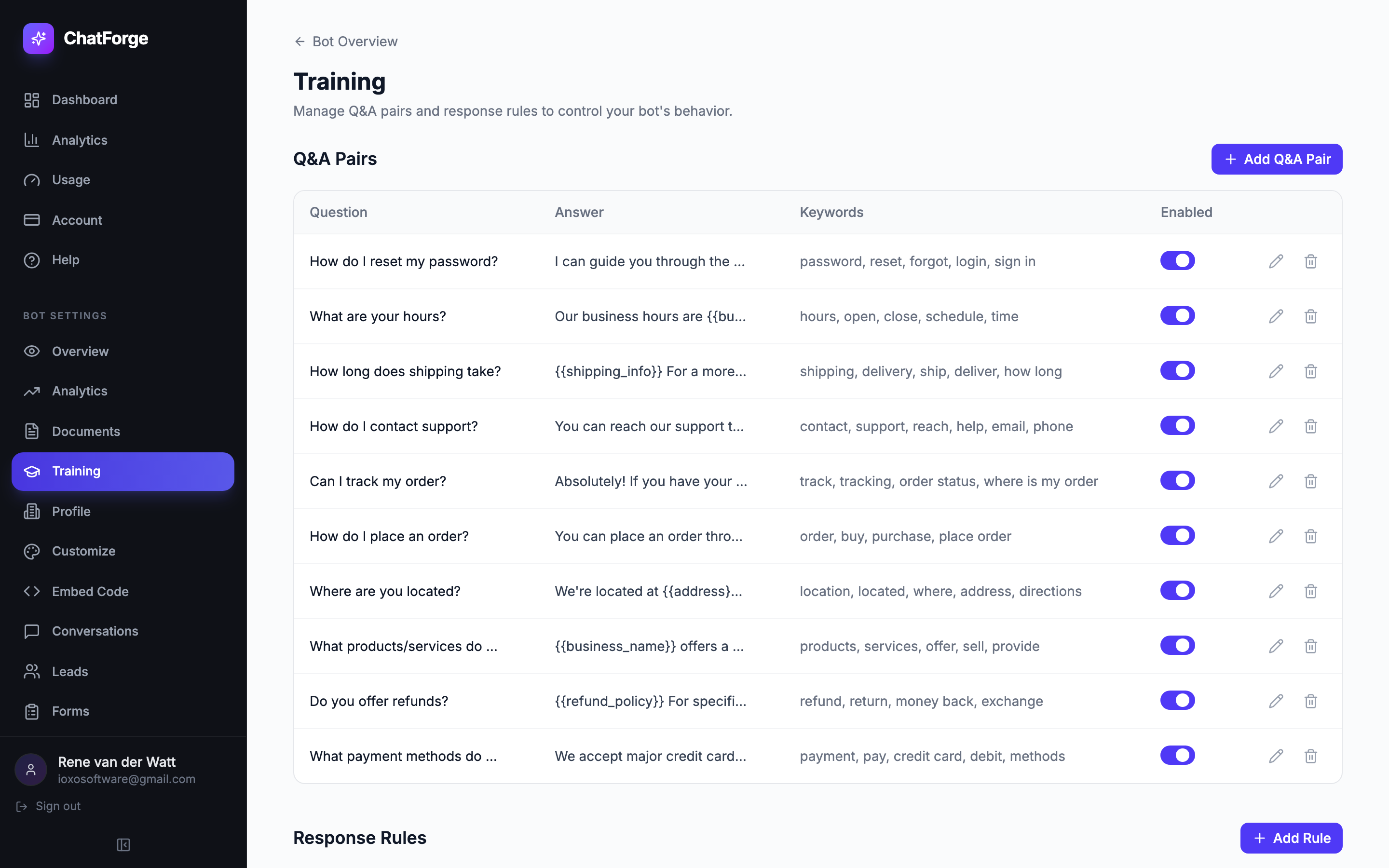 Define Q&A pairs with keywords and toggle them on or off — your bot learns exactly what you teach it